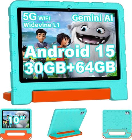 2025 Kids Tablet 10 inch Android 15 Tablets for Kid Octa-Core, 30GB+64GB (TF 1TB), Toddler Tablet with Shockproof Case, 5G WiFi, Parental Control, Widevine L1, Gemini AI, Split Screen, BT5.0-Blue in Saudi Arabia