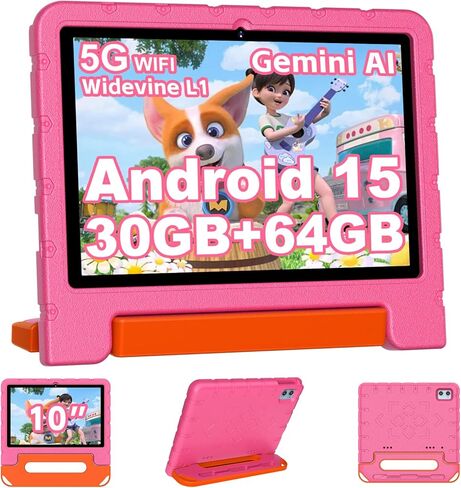 تابلت 2025 للأطفال مقاس 10 بوصات Android 15 للأطفال ثماني النواة، 30 جيجابايت + 64 جيجابايت (TF 1 تيرابايت)، جهاز لوحي للأطفال الصغار مع حافظة مقاومة للصدمات، 5G WiFi، التحكم الأبوي، Widevine L1، Gemini AI، شاشة مقسمة، BT5.0-أزرق in Kuwait