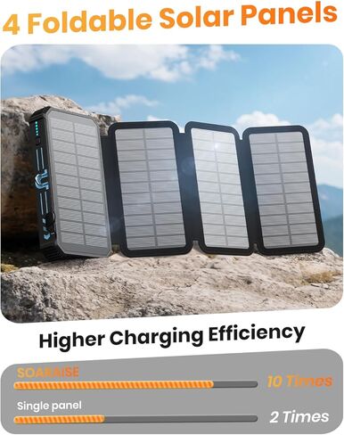 شاحن باور بانك بالطاقة الشمسية من SOARAISE - شاحن محمول لاسلكي بقدرة 48000 مللي أمبير في الساعة مدمج بـ 4 كابلات و4 ألواح شمسية، حزمة بطارية PD QC 3.0 للشحن السريع USB C مع مصباح يدوي للسفر والتخييم (أزرق) in Kuwait