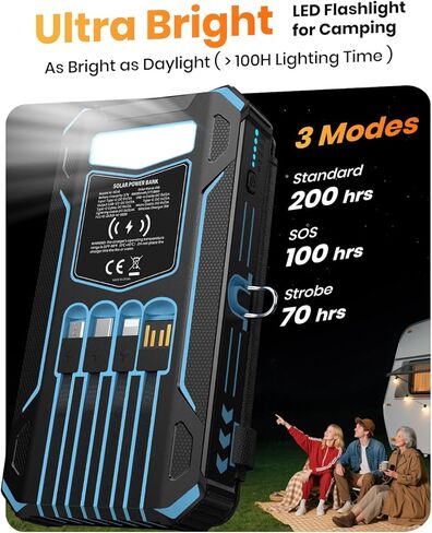 شاحن باور بانك بالطاقة الشمسية من SOARAISE - شاحن محمول لاسلكي بقدرة 48000 مللي أمبير في الساعة مدمج بـ 4 كابلات و4 ألواح شمسية، حزمة بطارية PD QC 3.0 للشحن السريع USB C مع مصباح يدوي للسفر والتخييم (أزرق) in Kuwait