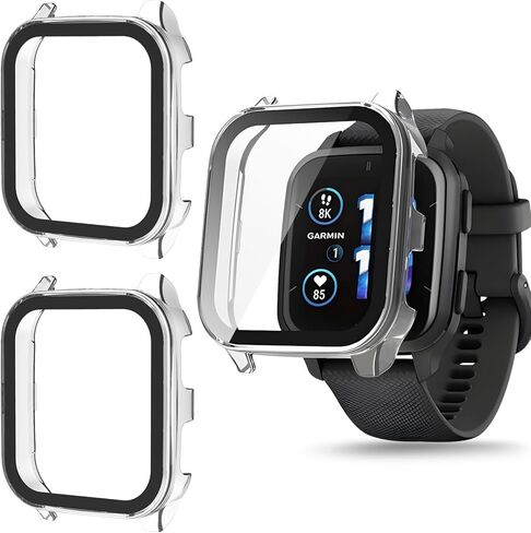 عبوتان من حافظة واقي شاشة الموسيقى Garmin Venu Sq 2/Sq 2 [تغطية كاملة]، ممتص الصدمات من البولي كربونات الصلب ملحقات حماية شاملة لـ Garmin Venu Sq 2 طبقة زجاجية مقسى مدمجة in Kuwait