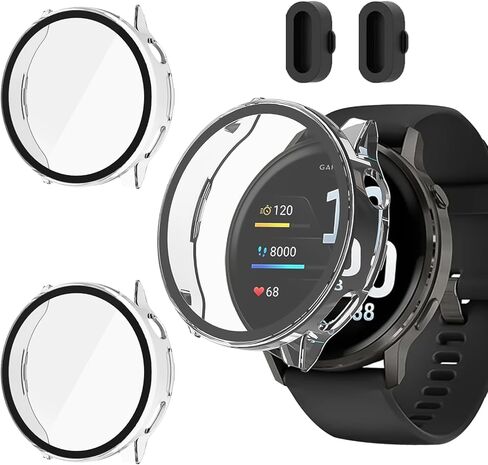 2+2 عبوة متوافقة مع حافظة حماية الشاشة Garmin Venu 4 مقاس 45 مم مع قابس غبار الشحن، وممتص الصدمات من البولي كربونات الصلب بتغطية كاملة وملحقات حماية مدمجة في طبقة زجاجية مقسى in Saudi Arabia