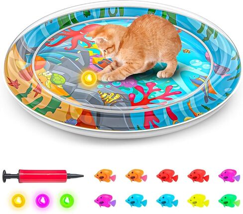 Cat Dog Water Mat with 3PCS Multi-Color Lights [ Newly Upgraded, 2 Layers Thickened Pet ] Anti-Scratch Leak Proof, with Floating Fish for Indoor and Outdoor Cat Dog Toys (Octopus & Light) in Kuwait