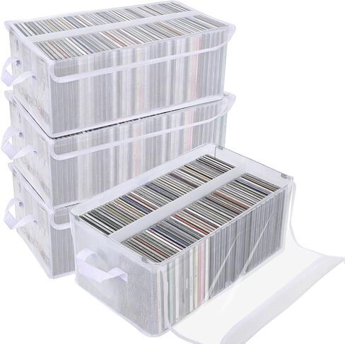 4 Pack Large CD Storage Box with Lid & Handles, Stackable Foldable CD/DVD Organizer with Divider, Waterproof Visible Media Storage Case, Holds up to 92 CD Cases Each for Home and Retail in Kuwait