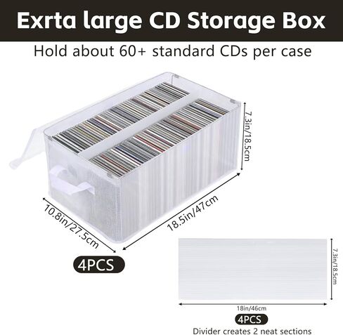 4 Pack Large CD Storage Box with Lid & Handles, Stackable Foldable CD/DVD Organizer with Divider, Waterproof Visible Media Storage Case, Holds up to 92 CD Cases Each for Home and Retail in Kuwait