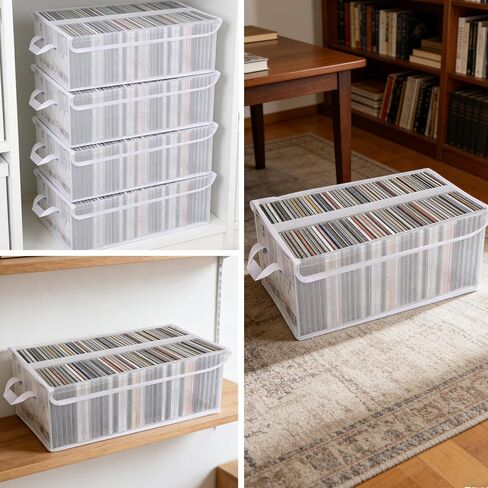 4 Pack Large CD Storage Box with Lid & Handles, Stackable Foldable CD/DVD Organizer with Divider, Waterproof Visible Media Storage Case, Holds up to 92 CD Cases Each for Home and Retail in Kuwait