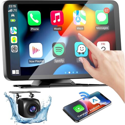 شاشة Apple Carplay لاسلكية للسيارات، شاشة لمس ستيريو محمولة عالية الدقة مقاس 7 بوصات لأجهزة Apple CarPlay وAndroid Auto مع كاميرا احتياطية/رابط مرآة/Siri/تحكم صوتي/ملاحة GPS/AUX لجميع المركبات in Kuwait