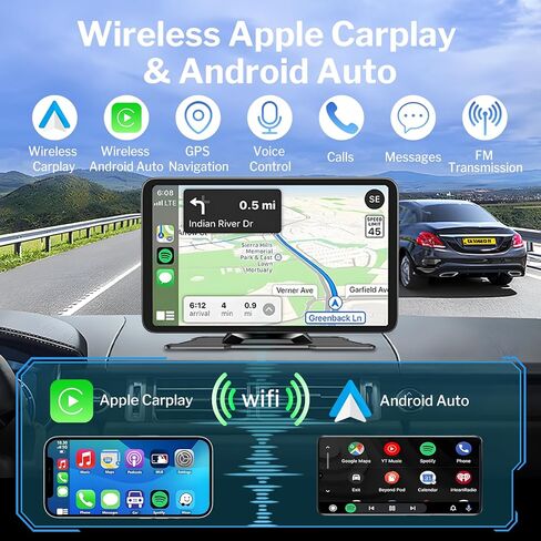 شاشة Apple Carplay لاسلكية للسيارات، شاشة لمس ستيريو محمولة عالية الدقة مقاس 7 بوصات لأجهزة Apple CarPlay وAndroid Auto مع كاميرا احتياطية/رابط مرآة/Siri/تحكم صوتي/ملاحة GPS/AUX لجميع المركبات in Kuwait