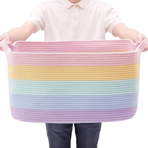 سلة تخزين كبيرة جدًا للفتيات والأطفال مقاس 22 بوصة × 16 بوصة × 12 بوصة صندوق ألعاب قوس قزح للفتيات سلة بطانية لغرفة المعيشة صندوق تخزين منسوج للقماش - 70 لتر in Kuwait