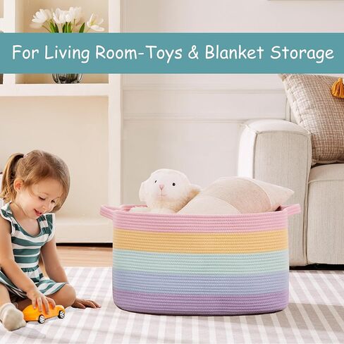 سلة تخزين كبيرة جدًا للفتيات والأطفال مقاس 22 بوصة × 16 بوصة × 12 بوصة صندوق ألعاب قوس قزح للفتيات سلة بطانية لغرفة المعيشة صندوق تخزين منسوج للقماش - 70 لتر in Kuwait