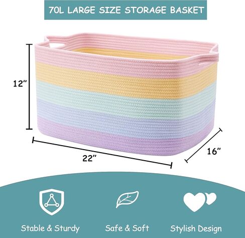 سلة تخزين كبيرة جدًا للفتيات والأطفال مقاس 22 بوصة × 16 بوصة × 12 بوصة صندوق ألعاب قوس قزح للفتيات سلة بطانية لغرفة المعيشة صندوق تخزين منسوج للقماش - 70 لتر in Kuwait