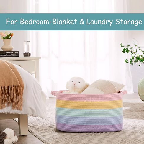 سلة تخزين كبيرة جدًا للفتيات والأطفال مقاس 22 بوصة × 16 بوصة × 12 بوصة صندوق ألعاب قوس قزح للفتيات سلة بطانية لغرفة المعيشة صندوق تخزين منسوج للقماش - 70 لتر in Kuwait