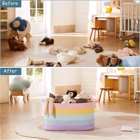 سلة تخزين كبيرة جدًا للفتيات والأطفال مقاس 22 بوصة × 16 بوصة × 12 بوصة صندوق ألعاب قوس قزح للفتيات سلة بطانية لغرفة المعيشة صندوق تخزين منسوج للقماش - 70 لتر in Kuwait