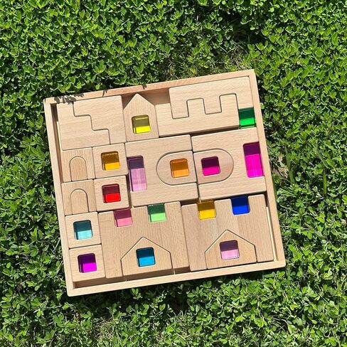 31PCS Wooden Castle Arch Building Blocks Set with Colorful Acrylic Inserts, Educational Construction Toy for Toddlers (31PCS Colorful House) in Saudi Arabia