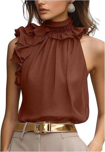 SOLY HUX Women's Elegant Blouse Ruffle Trim Sleeveless Mock Neck Halter Tank Top Office Outfit in Saudi Arabia