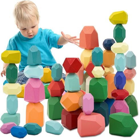 39pcs Montessori Wooden Stacking Rocks Toys Colorful Stocking Stones Building Build Games Sensory Toy For Toddlers Educational Learning Toys for 1 2 3 4 5 6 6 years Kids in Saudi Arabia