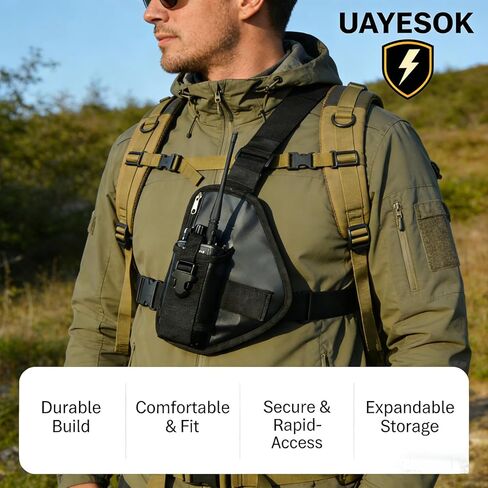 UAYESOK Universal Tactical Chest Rig Radio Pouch Holder, Walkie Talkie Shoulder Harness with Tool Pocket for Hunting, Hiking, Firefighter, Police, Search and Rescue(Black) in Saudi Arabia