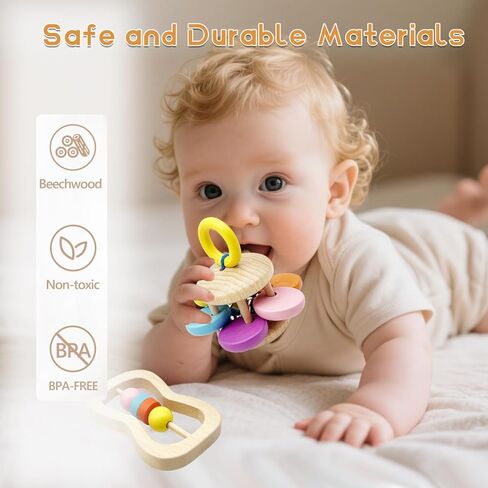 Wooden Baby Rattle, Organic Colorful Baby Rattles Set, Toddler Hand Wooden Rattles Toy Set for Infant Grasping, Sensory Development, Gift for Baby Boys Girls in Saudi Arabia