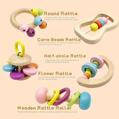 Wooden Baby Rattle, Organic Colorful Baby Rattles Set, Toddler Hand Wooden Rattles Toy Set for Infant Grasping, Sensory Development, Gift for Baby Boys Girls in Saudi Arabia