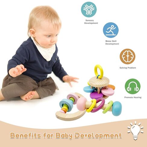 Wooden Baby Rattle, Organic Colorful Baby Rattles Set, Toddler Hand Wooden Rattles Toy Set for Infant Grasping, Sensory Development, Gift for Baby Boys Girls in Saudi Arabia