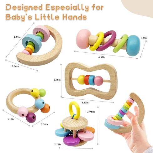 Wooden Baby Rattle, Organic Colorful Baby Rattles Set, Toddler Hand Wooden Rattles Toy Set for Infant Grasping, Sensory Development, Gift for Baby Boys Girls in Saudi Arabia