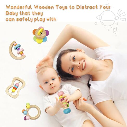Wooden Baby Rattle, Organic Colorful Baby Rattles Set, Toddler Hand Wooden Rattles Toy Set for Infant Grasping, Sensory Development, Gift for Baby Boys Girls in Saudi Arabia