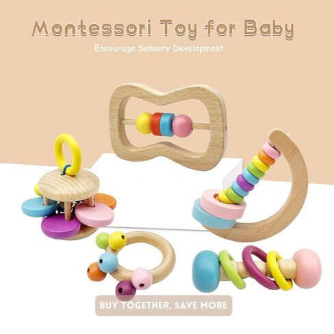 Wooden Baby Rattle, Organic Colorful Baby Rattles Set, Toddler Hand Wooden Rattles Toy Set for Infant Grasping, Sensory Development, Gift for Baby Boys Girls in Saudi Arabia