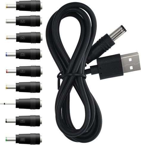 شاحن بديل لسلك الطاقة 5 فولت تيار مستمر، سلك شحن USB إلى تيار مستمر مع 9 محولات موصلات لمصباح القمر وعصا التدليك وجهاز التوجيه وإضاءة LED ومكبر الصوت والمزيد من الأجهزة (أسود) in Kuwait
