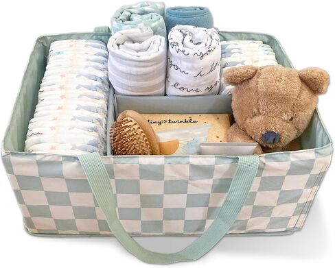 Tiny Twinkle Diaper Caddy Organizer | Foldable Baby Storage Basket with Removable Divider | Waterproof & Mess-Proof Fabric, Portable Nursery Organizer for Newborn Essentials (Blue Checkers) in Saudi Arabia