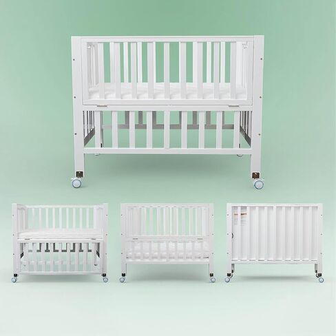 Foldable Mini Baby Crib - Portable 4-in-1 Convertible Baby Cribs,Pine Wood Bedside Bassinet,3 Heights Bassinet Bedside Sleeper with A Sponge Mattress,Wheeled,Unpainted in Saudi Arabia