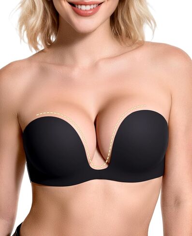 Strapless Push Up Bras for Women Padded Deep Plunge U Shape Halter Non Slip Seamless Bra in Saudi Arabia