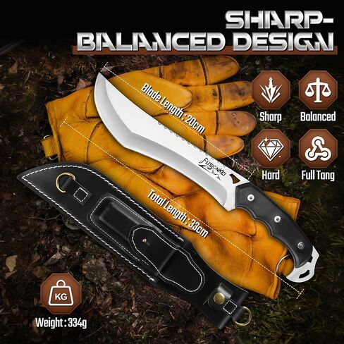 Kukri Fixed Blade Knife - Heavy Duty Outdoor Knife with Back Strap Leather Sheath, Full Tang Survival Knives for Cutting Wood, Cleaning Brush, Present Men Gifts in Saudi Arabia