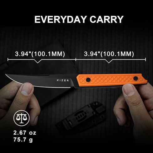 Kizer Kwaiken Fixed Blade Knife, 3.94" D2 Steel Hunting EDC with Orange G10 Handle, Survival Knife with Adjustable Sheath for Hiking Camping Outdoor Knives 1066A2 in Saudi Arabia