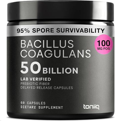 مكمل بروبيوتيك Toniiq Bacillus Coagulans - قوة عالية للغاية 50 مليار CFU مع FOS Prebiotic - بروبيوتيك قائم على الجراثيم لتحقيق استقرار استثنائي - تم اختباره من قبل طرف ثالث - 60 كبسولة in Kuwait