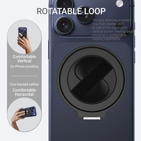 Grat 4 for Magsafe Magnetic Phone Grip Stand, 360° Rotatable Elastic Strap Loop, Detachable Ultra-Thin Aluminum Ring Kickstand Compatible with iPhone 17 Pro Max Air 16 15 14 13 12, Black in Saudi Arabia