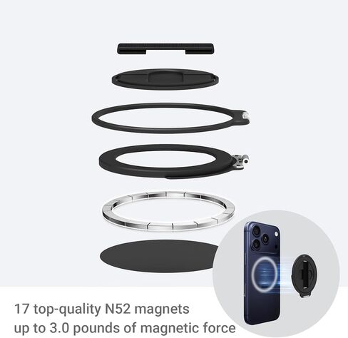 Grat 4 for Magsafe Magnetic Phone Grip Stand, 360° Rotatable Elastic Strap Loop, Detachable Ultra-Thin Aluminum Ring Kickstand Compatible with iPhone 17 Pro Max Air 16 15 14 13 12, Black in Saudi Arabia