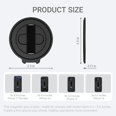 Grat 4 for Magsafe Magnetic Phone Grip Stand, 360° Rotatable Elastic Strap Loop, Detachable Ultra-Thin Aluminum Ring Kickstand Compatible with iPhone 17 Pro Max Air 16 15 14 13 12, Black in Saudi Arabia