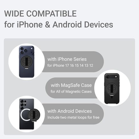 Grat 4 for Magsafe Magnetic Phone Grip Stand, 360° Rotatable Elastic Strap Loop, Detachable Ultra-Thin Aluminum Ring Kickstand Compatible with iPhone 17 Pro Max Air 16 15 14 13 12, Black in Saudi Arabia