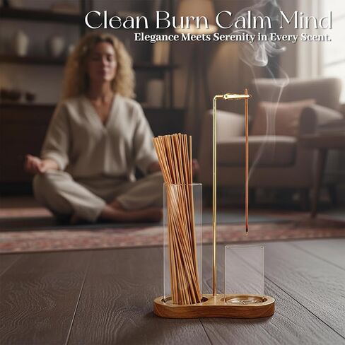 2-in-1 Incense Stick Holder with Glass Ash Catcher, Dual Glass Cups & Metal Clip, Minimalist 8-Shaped Wooden Base, Home Decor Gift (Dark Base) in Saudi Arabia
