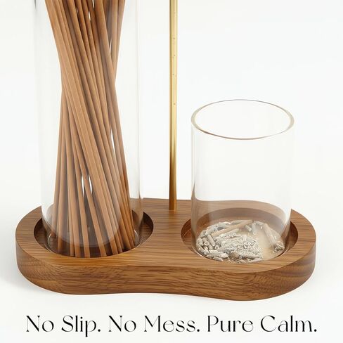 2-in-1 Incense Stick Holder with Glass Ash Catcher, Dual Glass Cups & Metal Clip, Minimalist 8-Shaped Wooden Base, Home Decor Gift (Dark Base) in Saudi Arabia