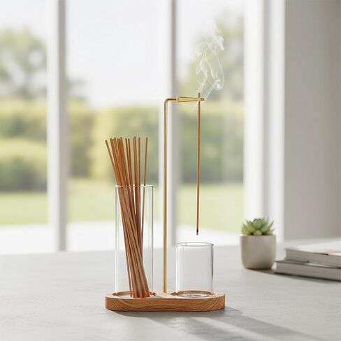 2-in-1 Incense Stick Holder with Glass Ash Catcher, Dual Glass Cups & Metal Clip, Minimalist 8-Shaped Wooden Base, Home Decor Gift (Dark Base) in Saudi Arabia