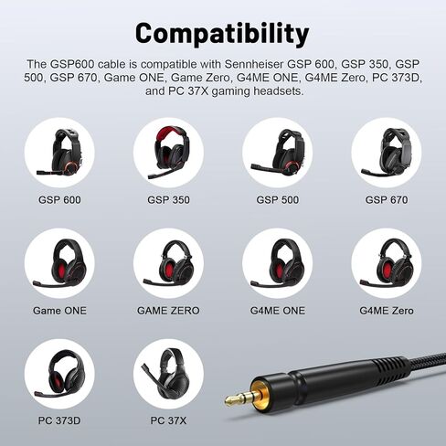 كابل GSP 600 متوافق مع Sennheiser GSP 600، GSP 350، GSP 500، GSP 670، Game ONE، Game Zero، G4ME ONE، G4ME Zero، PC 373D، PC 37X Gaming Headphones، 6.56 قدم in Kuwait