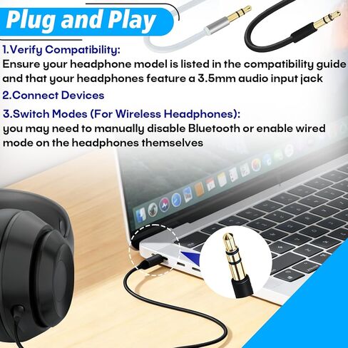 كابل صوت 3.5 ملم متوافق مع Beats Solo 2/3/4، متوافق مع Studio Pro، متوافق مع Sony WH-1000XM4/XM5/CH720N والمزيد مع مقبس 3.5 ملم (بدون ميكروفون) (أسود وأبيض) in Kuwait