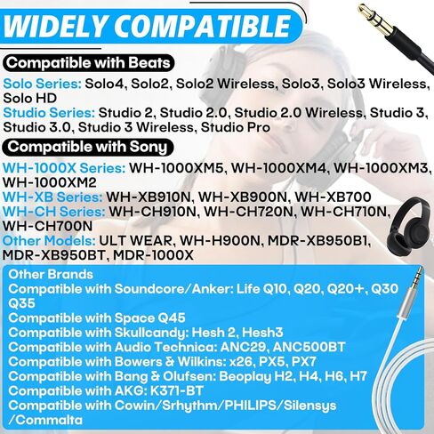 كابل صوت 3.5 ملم متوافق مع Beats Solo 2/3/4، متوافق مع Studio Pro، متوافق مع Sony WH-1000XM4/XM5/CH720N والمزيد مع مقبس 3.5 ملم (بدون ميكروفون) (أسود وأبيض) in Kuwait
