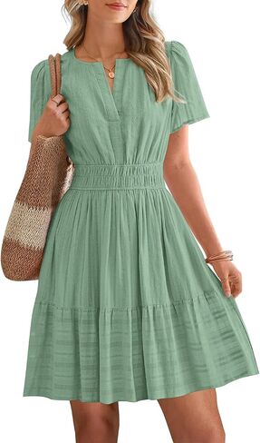 BTFBM Womens Spring 2026 Casual Mini Dresses Lightweight Short Sleeve V Neck Elastic Waist Cute Boho Beach Dress Pockets in Saudi Arabia