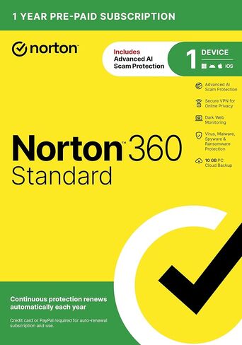 Norton 360 Standard 2026 Ready, Antivirus software for 1 Device with Auto-Renewal – Includes Advanced AI Scam Protection, VPN, Dark Web Monitoring & PC Cloud Backup [Download] in Saudi Arabia