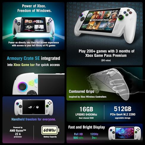 ASUS ROG Xbox Ally – 7" 1080p 120Hz Touchscreen Gaming Handheld, 3-month Xbox Game Pass Premium included, AMD Ryzen Z2 A, 16GB RAM, 512GB SSD,w/ 256GB MicroSD Card, White in Saudi Arabia