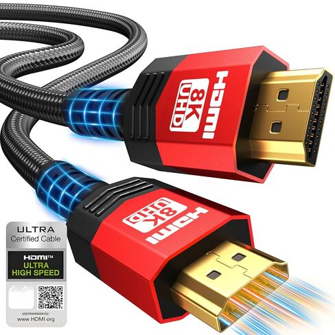 8K HDMI 2.1 Cable 20 FT,48Gbps Ultra High Speed Braided Gaming Cord Support 10K 8K@60Hz 4K@120Hz/144Hz HDCP 2.2&2.3 eARC DTS:X HDR10 VRR Compatible for RTX 5090/PS5/Xbox X/S/TV etc in Kuwait
