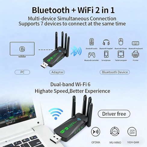 USB WiFi 6 Adapter for PC, 2-in-1 Bluetooth 5.4 WiFi Adapter with 4 High-gain Antennas, AX900 Dual-Band 5G/2.4G, 900Mbps, Wireless Network Transceiver for Laptop/Desktop, Supports Windows 11/10 in Saudi Arabia