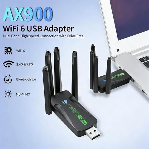 USB WiFi 6 Adapter for PC, 2-in-1 Bluetooth 5.4 WiFi Adapter with 4 High-gain Antennas, AX900 Dual-Band 5G/2.4G, 900Mbps, Wireless Network Transceiver for Laptop/Desktop, Supports Windows 11/10 in Saudi Arabia